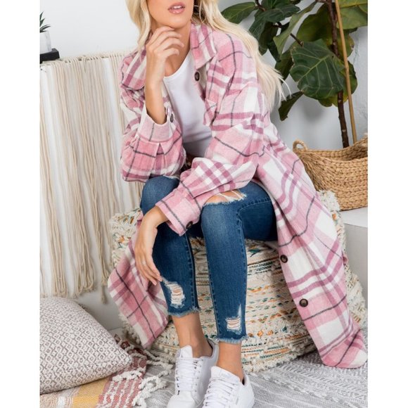Jackets & Blazers - Pink Plaid Long Flannel Shirt Jacket Shacket Coat